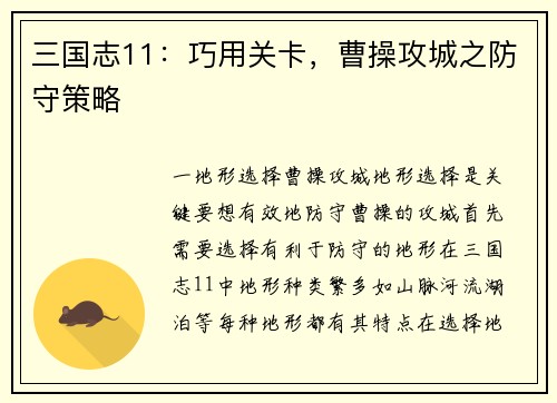 三国志11：巧用关卡，曹操攻城之防守策略