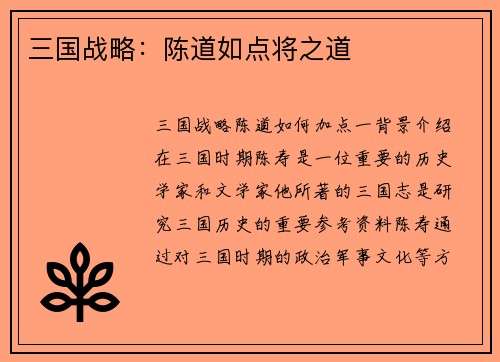 三国战略：陈道如点将之道